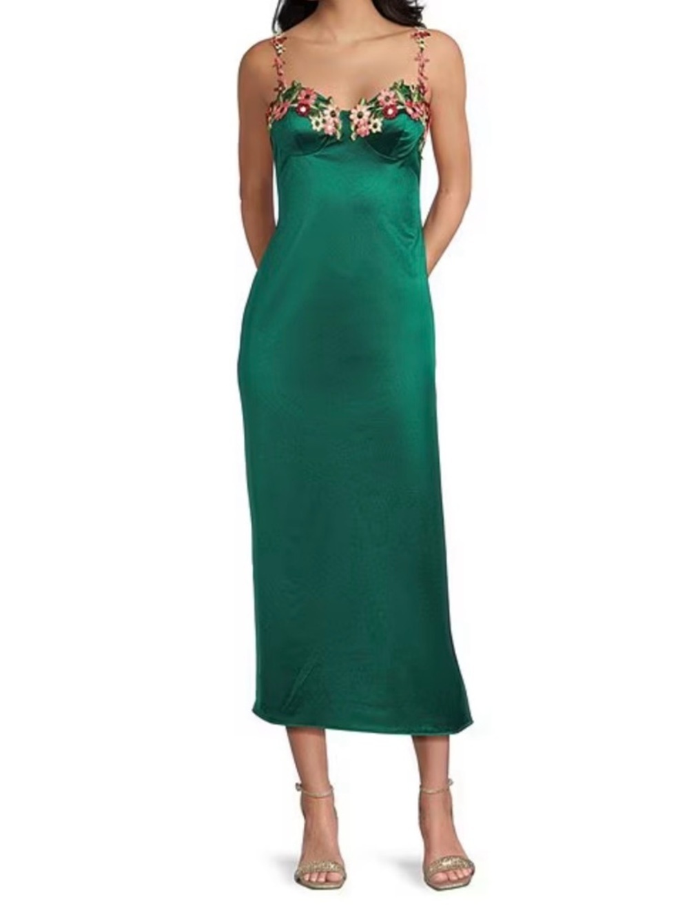 Emerald Satin Midi Slip Dress with Floral-Trim Straps